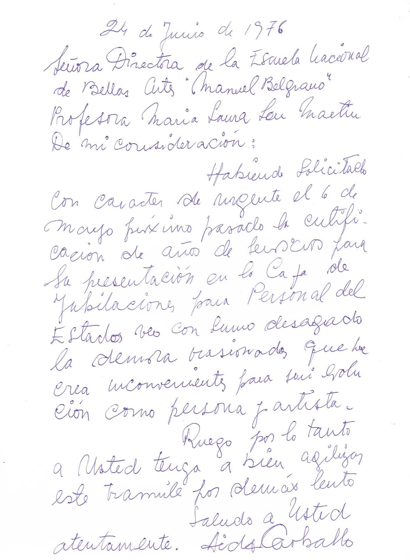 Aída Carballo, carta a la ENBA, 1976. Serie Manuscritos